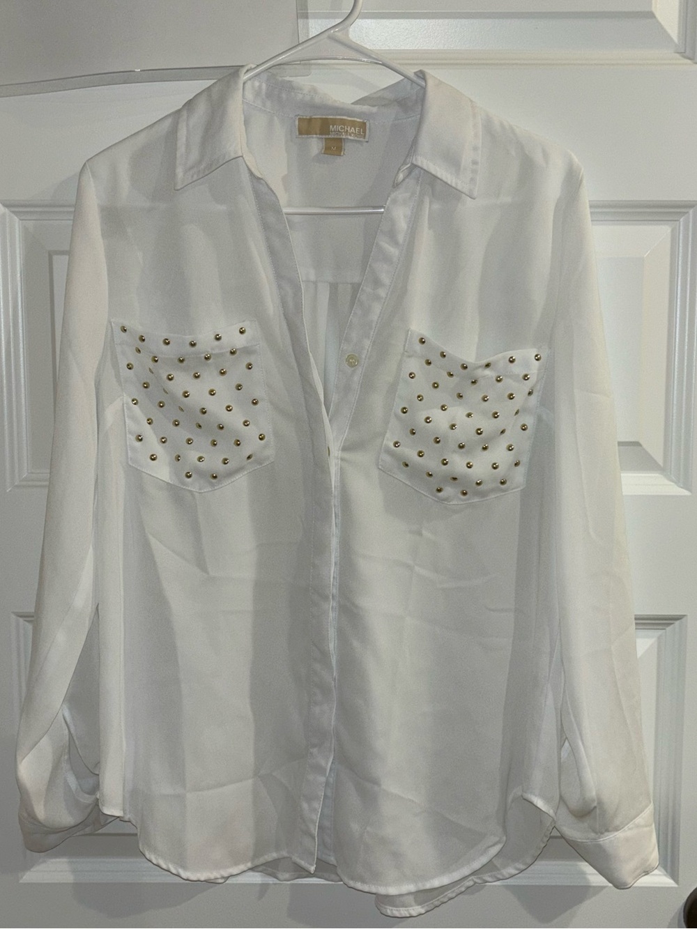 MICHAEL Michael Kors White Gold Studded Pocket Blouse Size Medium